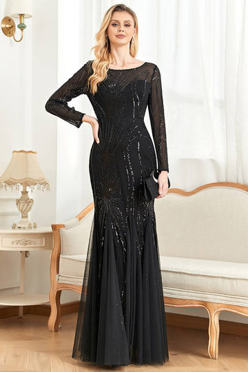 Sparkly Black Mermaid Sequins Formal Dress With Long Sleeves